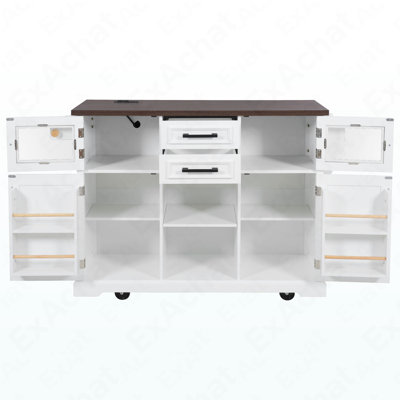 54.9" Kitchen Island With Drop Leaf, Power Outlet, Kitchen Storage Cart With 4 Door Shelves, Cross Barn Doors  Visual Glass Door, Rolling Kitchen Isl