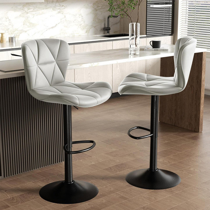 Light Gray Adjustable Faux Leather Swivel Bar Stools with Metal Base