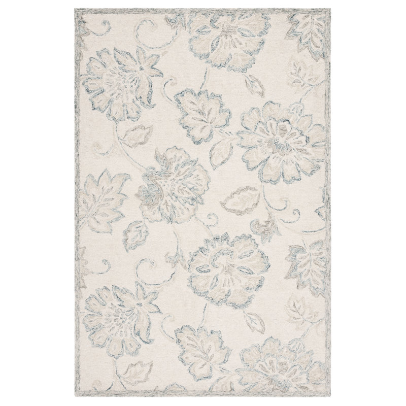Tapis rectangulaire en laine / coton touffeté à la main à motif floral ivoire / bleu, Rectangle 4 pi x 6 pi