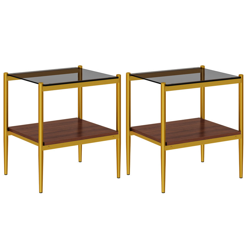 2-piece Modern End Tables Rectangle Side Table with Tempered Glass Top & MDF Storage Shelf, Living Room Accent Tables, Brown