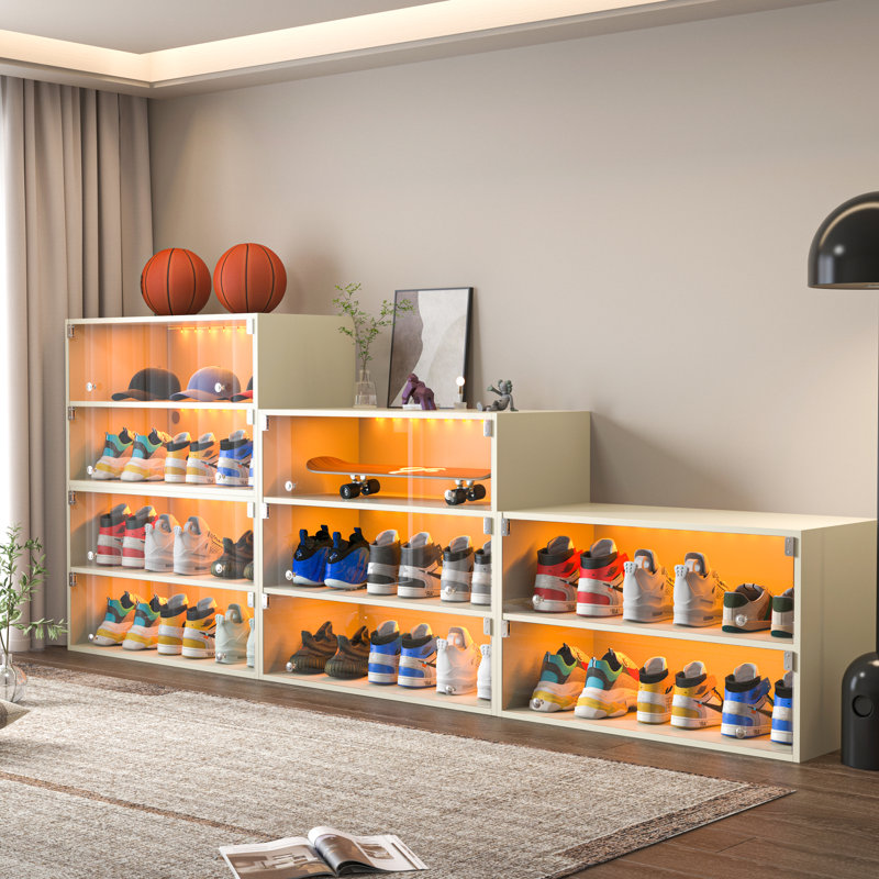 Shoe Storage Cabinet With Colorful Led - Holds 6 Pairs Of Sneakers, Quality Wood Construction Sneaker Holder Glass Door, Pair Capacity, Stackable, Controlled, 1-2 Drawers, American Design