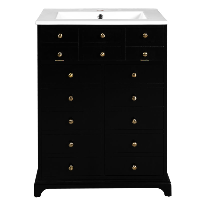 Meuble-lavabo de 24 po avec fonctions de rangement variées, design contemporain, lavabo, finition lisse, installation rapide et facile avec portes de tiroir, look moderne, bois massif, vasque, organisé