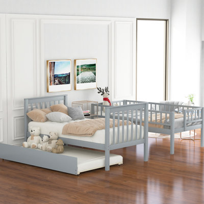 Lit simple superposé au dessus d'un lit gigogne gris, 4 tablettes de rangement, matelas d'une épaisseur de 6 po et d'une épaisseur de 6 pi