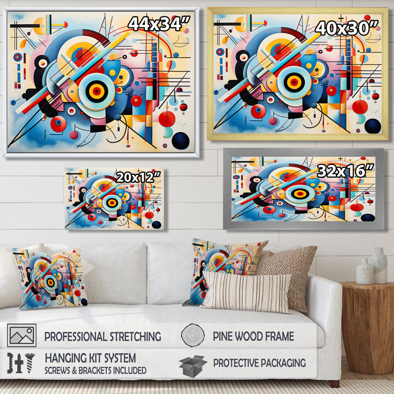 Mid-Century Symphony Blue Jazz II - salon d'art mural géométrique, H 12 po x l 20 po x P 1 po, Toile avec cadre flottant noir