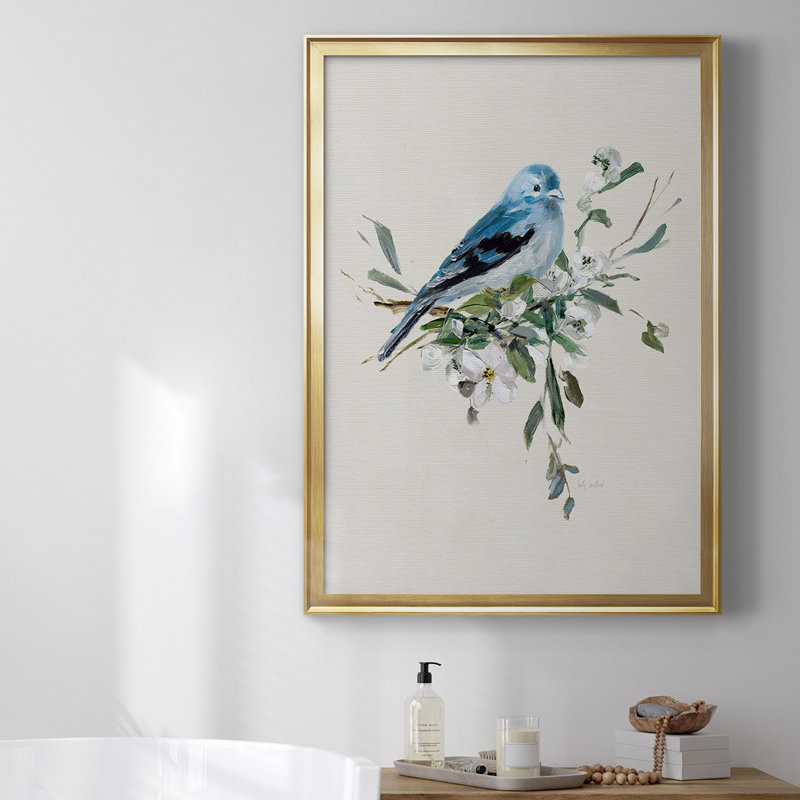 «Bluebird Happy I», toile encadrée de qualité supérieure - prête à être accrochée, Or, H 42,5 po x l 30,5 po