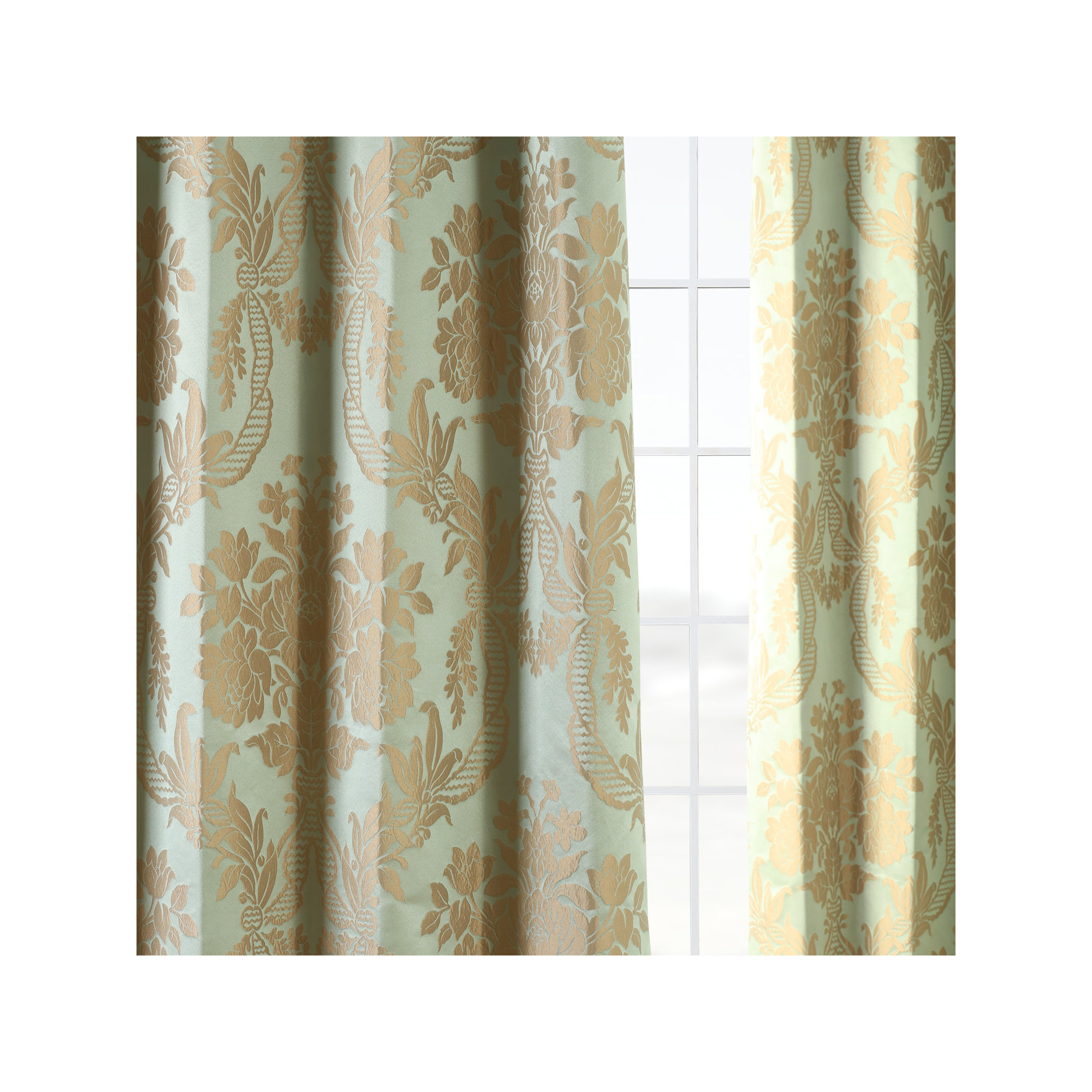 Ballsallagh Baroque Floral Faux Silk Jacquard Room Darkening Window Curtain -Single Panel, Magdelena Jade/Gold