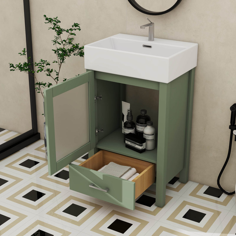 Meuble-lavabo de 20 pouces avec évier en céramique et beaucoup de rangement, Vert