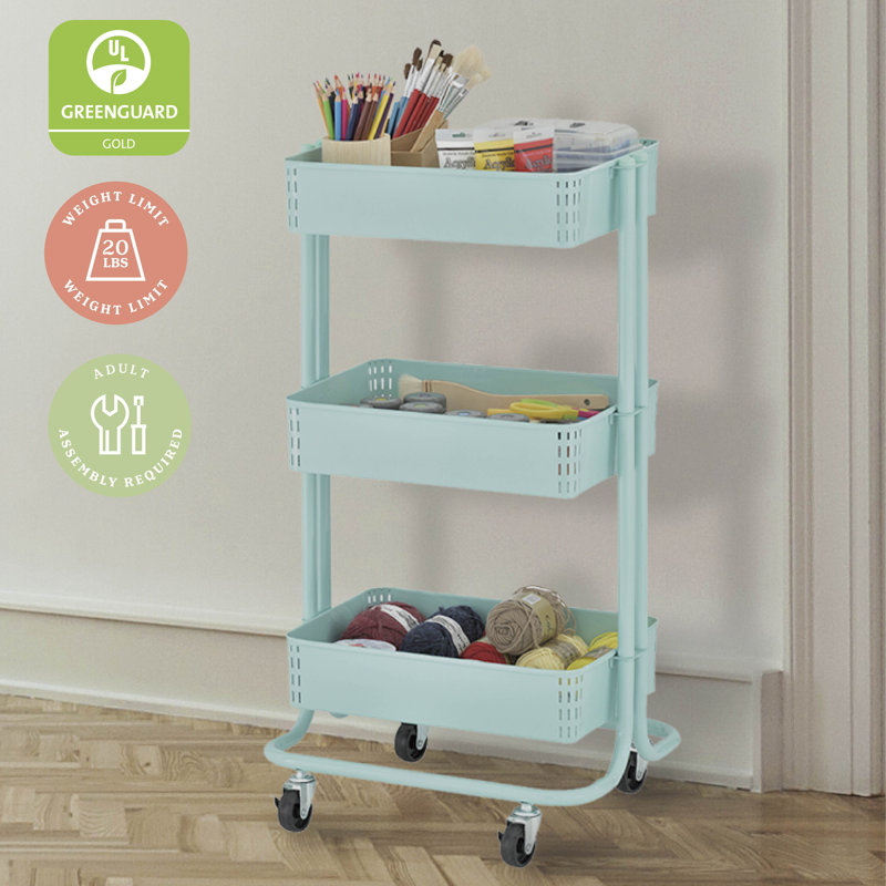 Teal 3-Tier Metal Rolling Utility Cart with Mesh Baskets