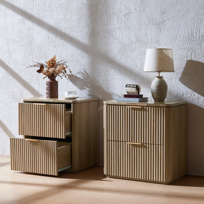 Nightstand Set of 2, 3-Sided Fluted Wood Bedside Table with 2 Drawers and Faux Marble Top
