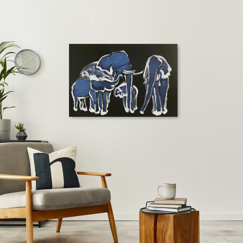 «Blue Elephant Family Abstract Minimalist Modern Elephant Nature Wildlife», reproduction d'art murale, 24" H x 36" W