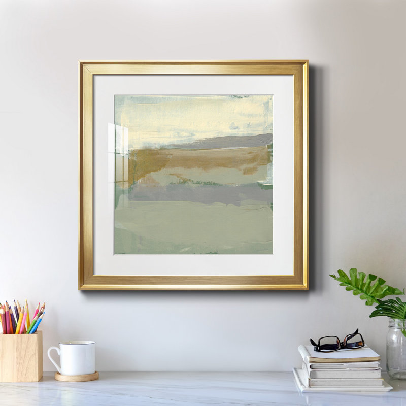 «Sage And Gold Swipe I», art abstrait moderne, mat et encadré sous verre, art mural de salon moderne, Cadre doré