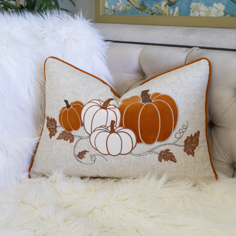 Coussin lombaire brodé citrouille - Coussin décoratif bleu brumeux d'automne, Rust