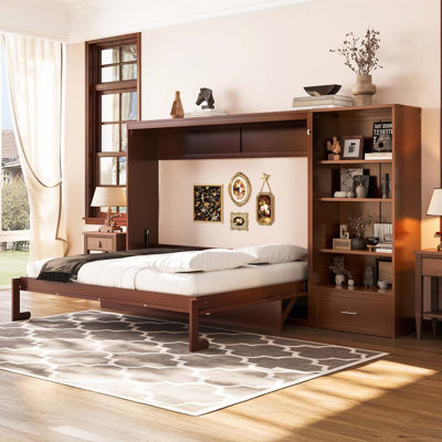Grand lit escamotable avec compartiments de rangement à hauteur réglable et tablette, cadre de lit mural avec 1 tiroir, lit plateforme pliable multifonctionnel pour petit espace, chambre à coucher, chambre d'amis, noyer