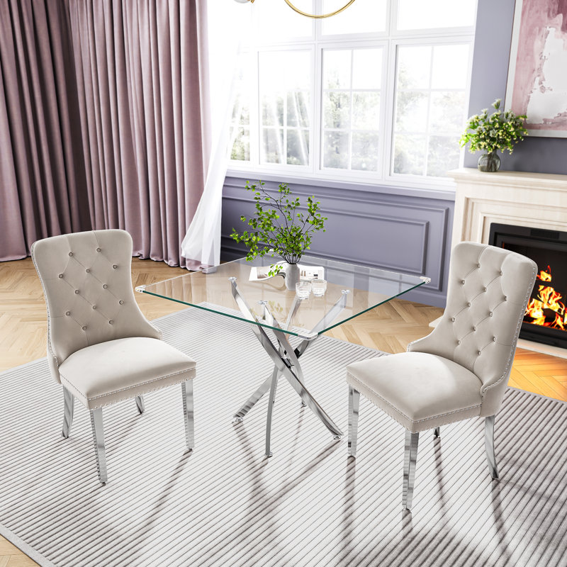 Dining Set, 3 Pieces: Table, 2 Chairs, White/Silver, Silver