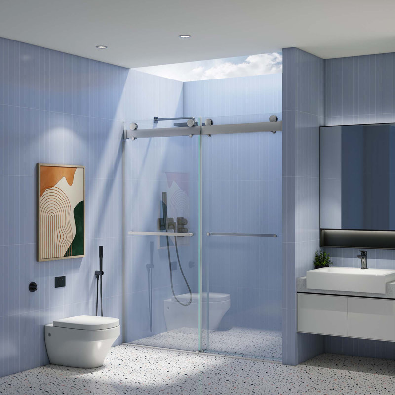 Porte de douche coulissante double sans cadre à fermeture en douceur, verre trempé épais de première qualité et revêtement facile à nettoyer en chrome