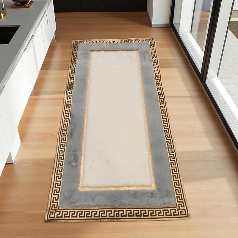 Tapis de couloir ou de vestibule gris et blanc moelleux, Rectangle 8 pi 10 po x 12 pi