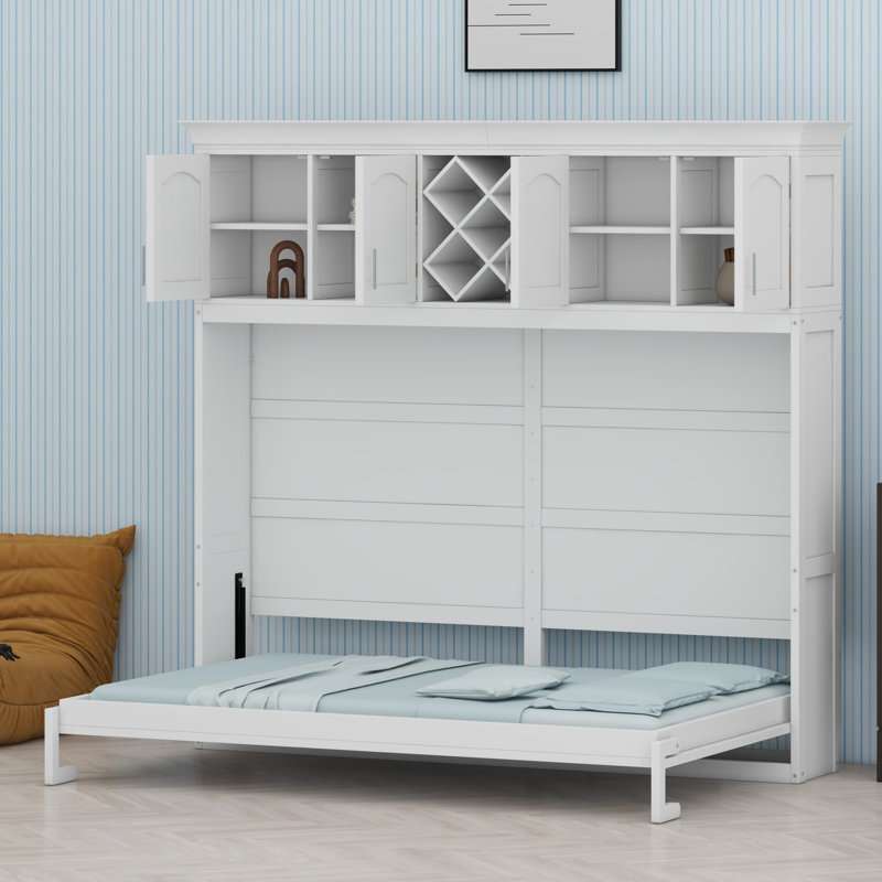 Lit escamotable moderne avec armoires de rangement et support à vin, Blanc