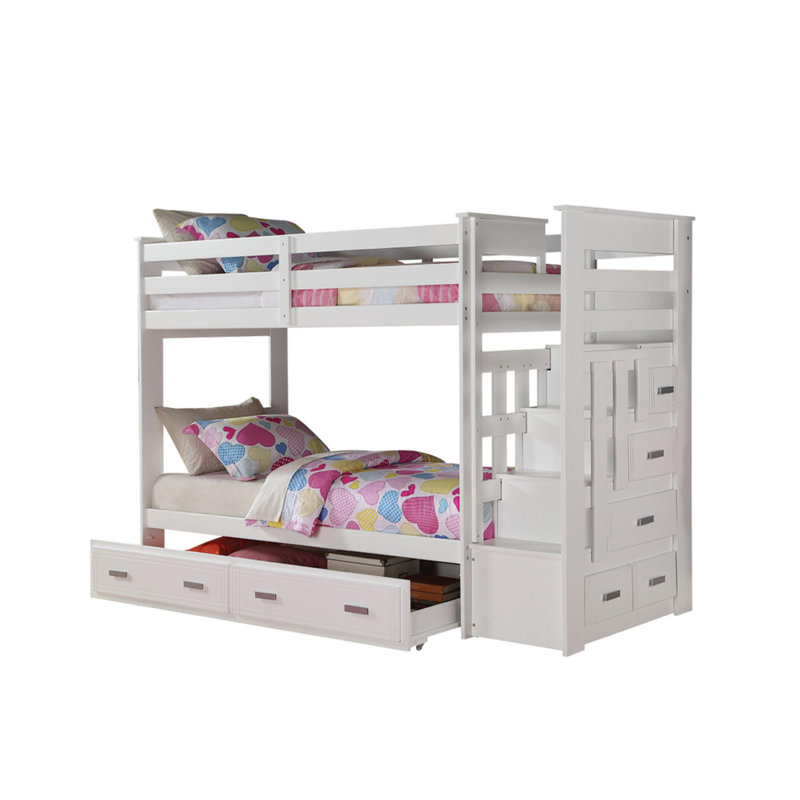 Agatie Twin Over Twin Bunk Bed with Built-In Stairs, White