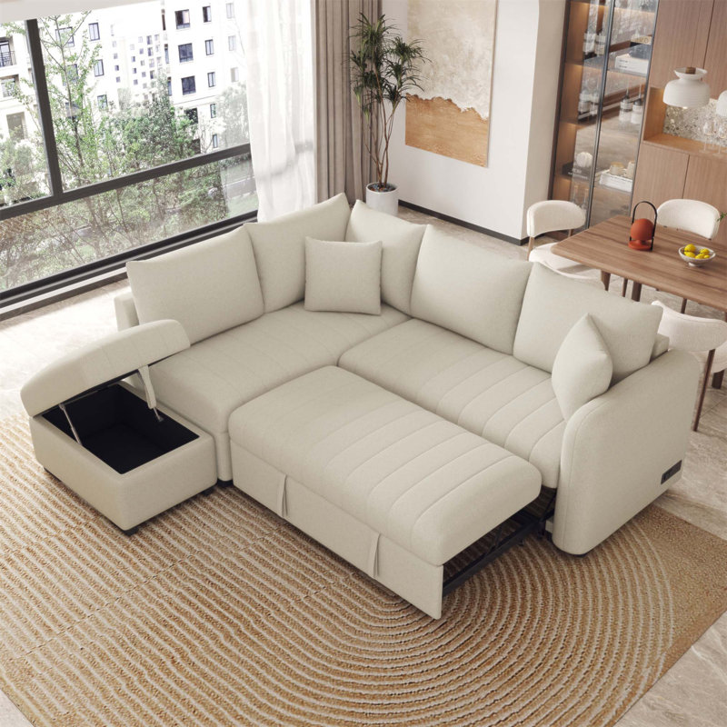 Canapé-lit modulaire en forme de L de 82,6 pouces avec ports USB, prises de courant et repose-pieds de rangement mobile pour la vie moderne