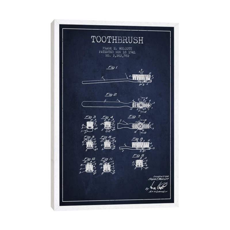Toothbrush Navy Blue Patent Blueprint by Aged Pixel - Floater Frame Print on Canvas, White Framed, 66.04 cm H x 45.72 cm W