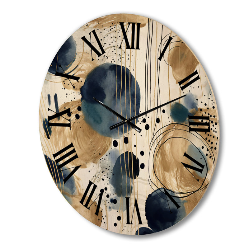 Horloge murale abstraite à motif abstrait avec textures bleues et dorées VII, Moyenne
