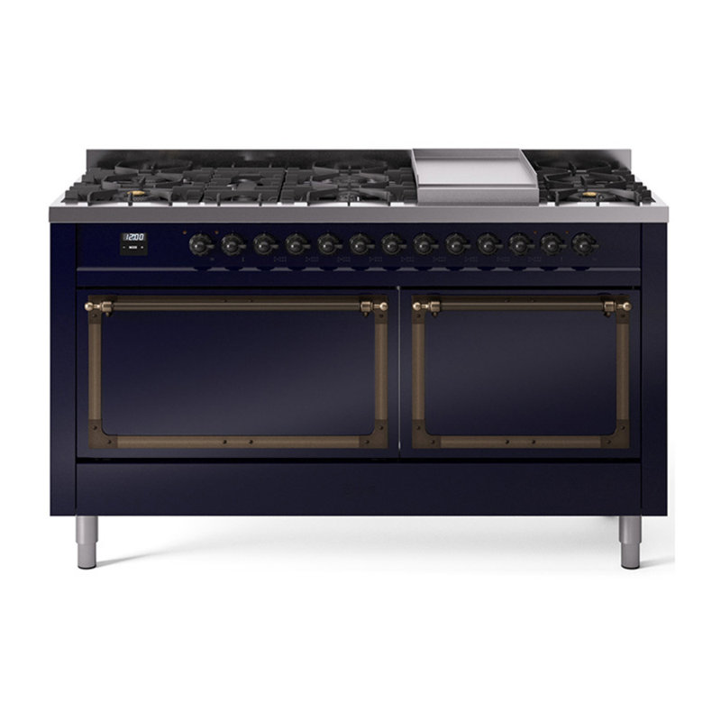 ILVE Nostalgie II Noblesse 60 in Dual Fuel Range, 9 Burner, Griddle, Liquid Propane, Midnight Blue/Burnished