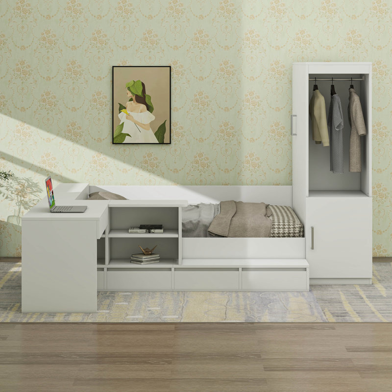 Lit de jour double avec chargement USB, lit plateforme en bois avec 6 tiroirs, tablettes, bureau et garde-robe, Blanc