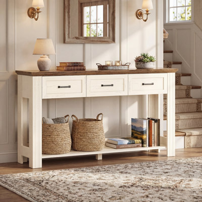 55.1" W Farmhouse Console Table With 3 Drawers Rustic Entryway Table With Open Shelf Sofa Tables Behind Couch For Entrance Living Room Hallway