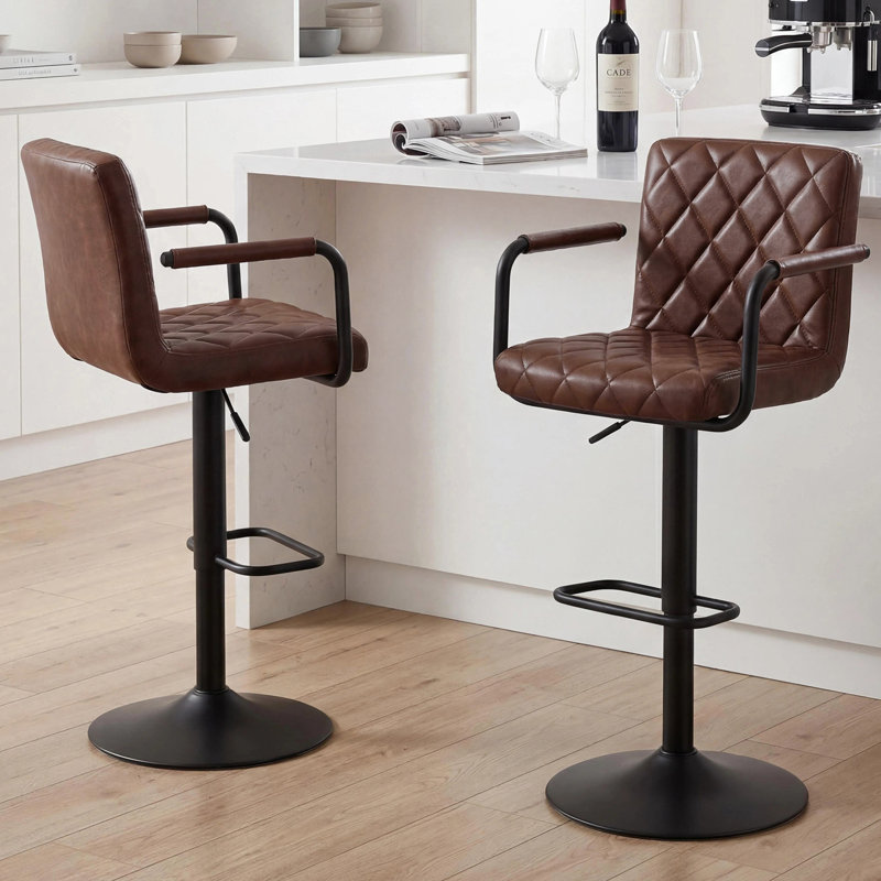  Mid-century Morden Diamond Design Upholstered Faux Leather Swivel Bar Stool with Footrest and Armrest, Dark Brown, Black