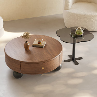 Walnut-colored round coffee table set