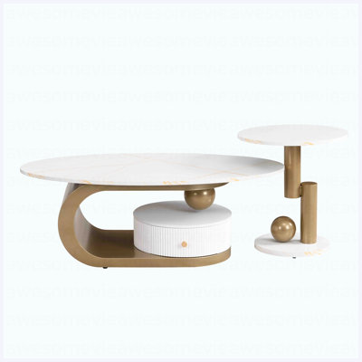 Modern Nesting Golden Coffee Table Set Of 2 End Table For Living Room, Oval And Round Table Set