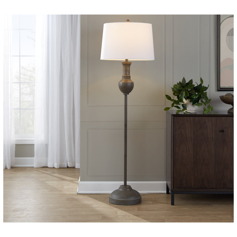 Lampe sur pied contemporaine 61 "avec base en polyrésine gris acide et abat-jour en lin blanc