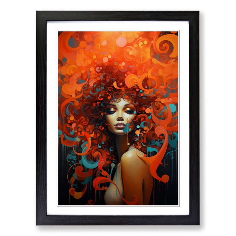 Woman With Curls Abstract - Single Picture Frame Print on Wood, Black, 46cm H x 34cm W x 2cm D