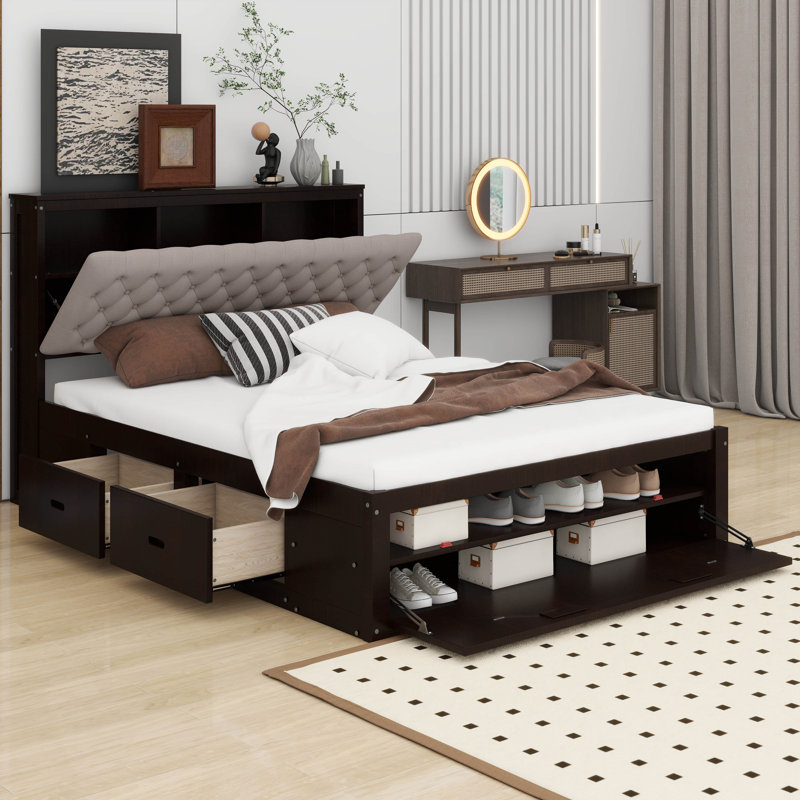 Revollo Wood Queen Size Platform Bed with Storage Headboard, Shoe Rack, and 4 Drawers, Espresso/Brown