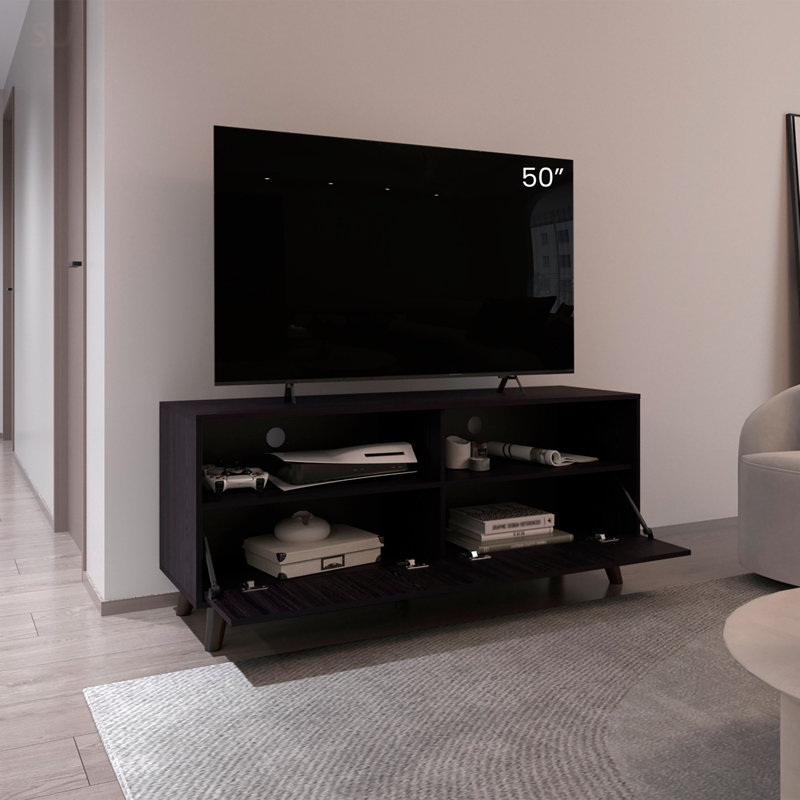 Meuble télé Patrick avec 2 portes et tablettes ouvertes, centre de divertissement moderne pour une vie sans encombrement