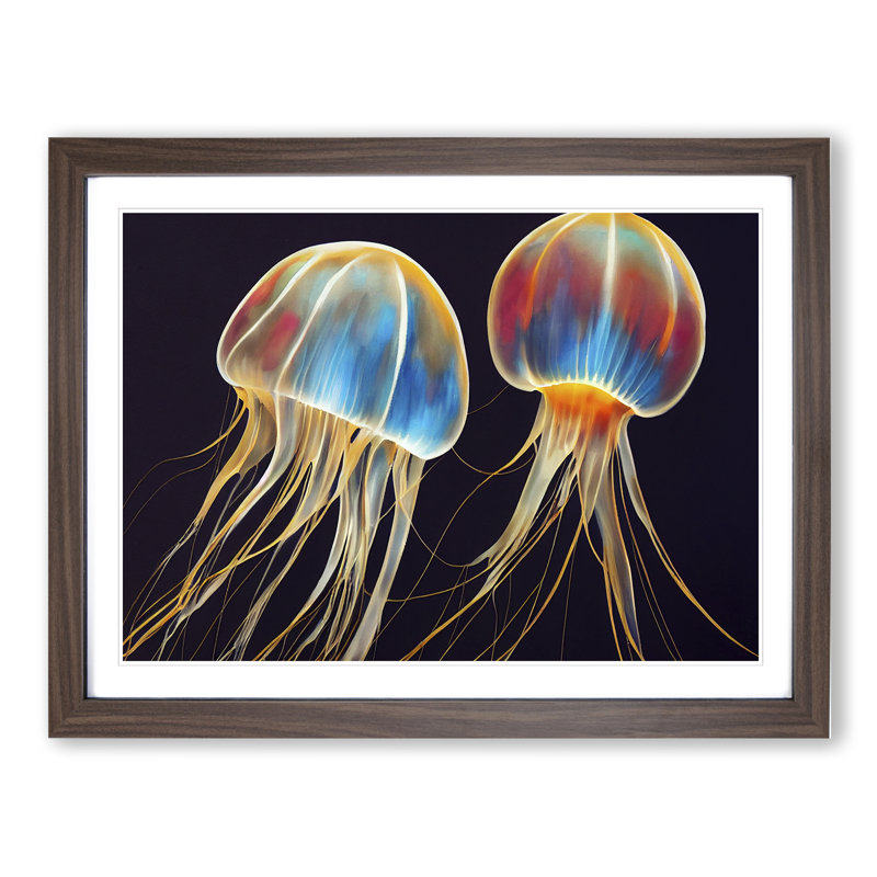 Jellyfish Painted - Single Picture Frame Print, 46cm H x 64cm W x 2cm D, Walnut Framed