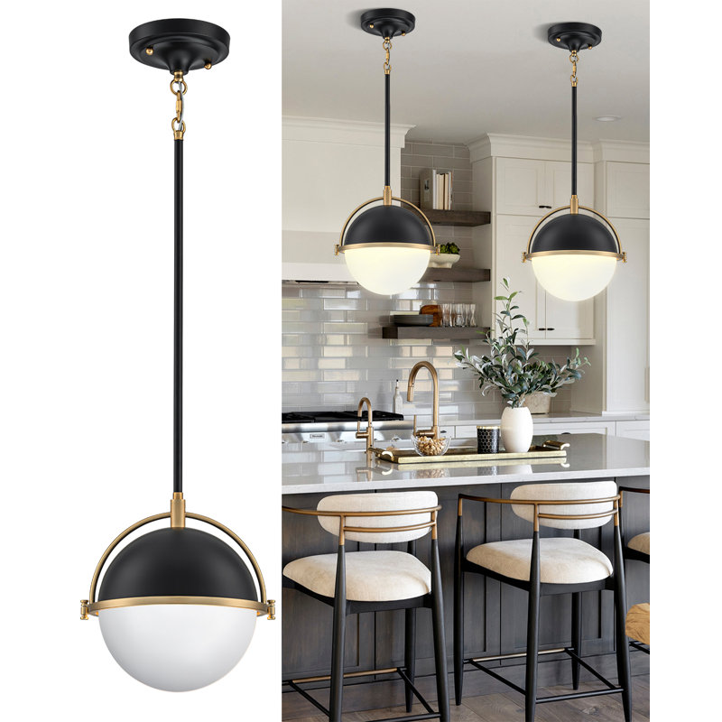 Luminaire suspendu sphérique en verre à 1 lumière de 11 po Blosser, Noir mat / Or