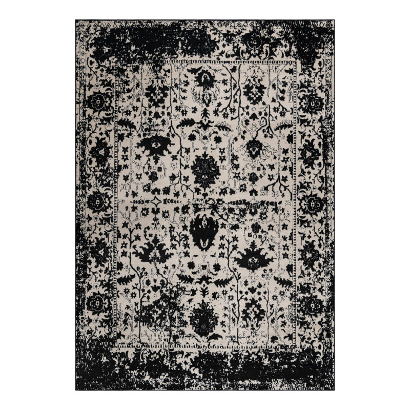 Ortilio Oriental White/Black Area Rug, Rectangle 10' x 14'1", Black