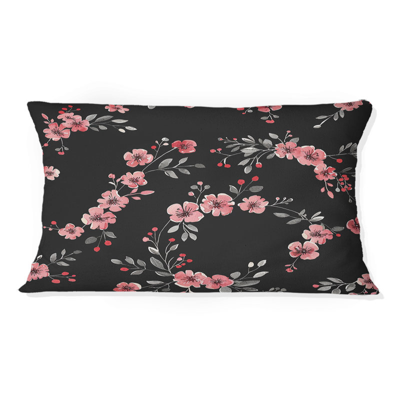 Couronne florale noire et rose I - coussin lombaire traditionnel