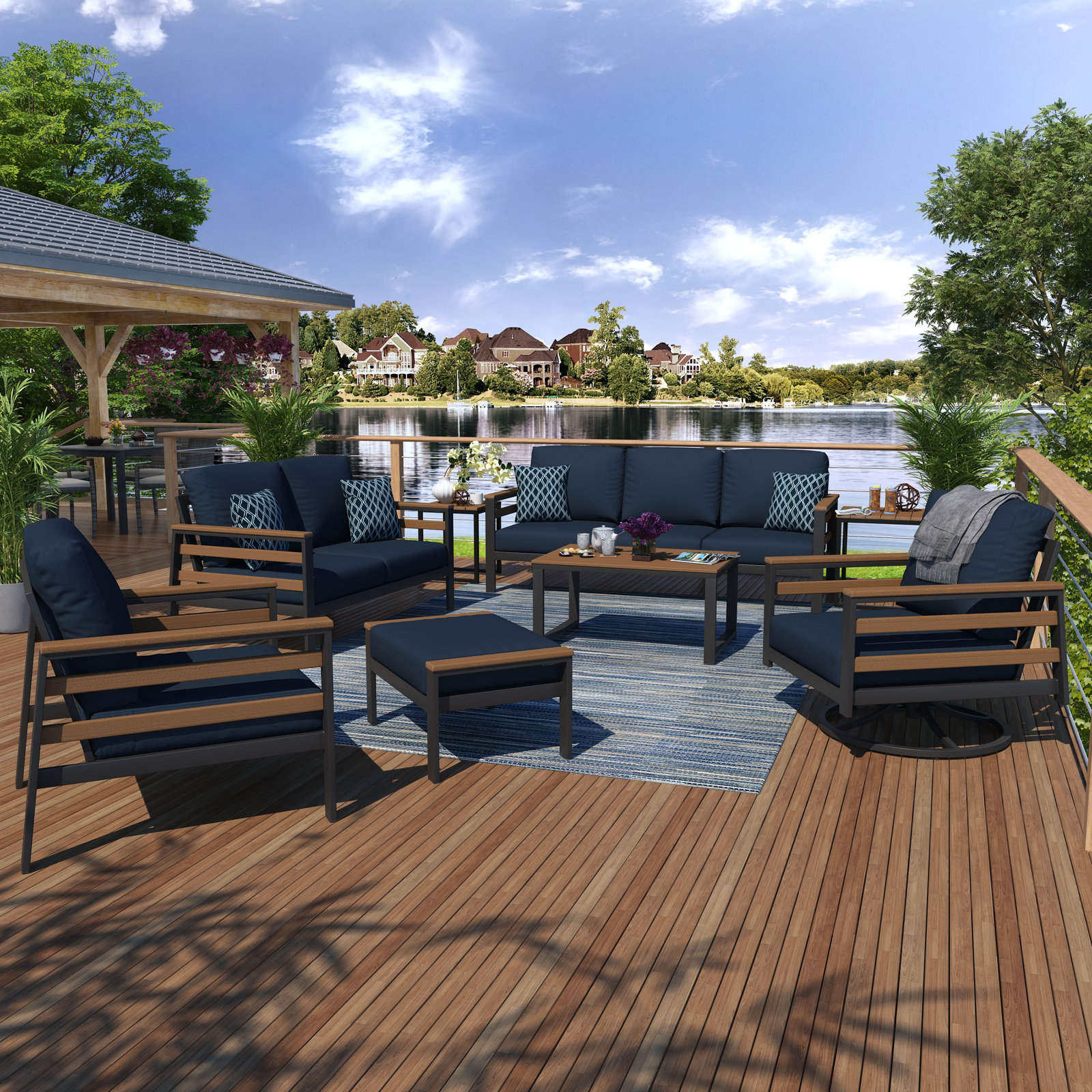 Townsend 8 Piece Outdoor Conversation Set with Sunbrella® Cushions, Canvas Navy, Brown