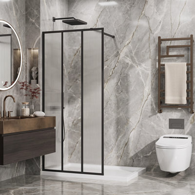 Porte de douche fixe 34 "x 72" noir mat, 3 panneaux cannelés 5 mm en verre trempé avec miroir central