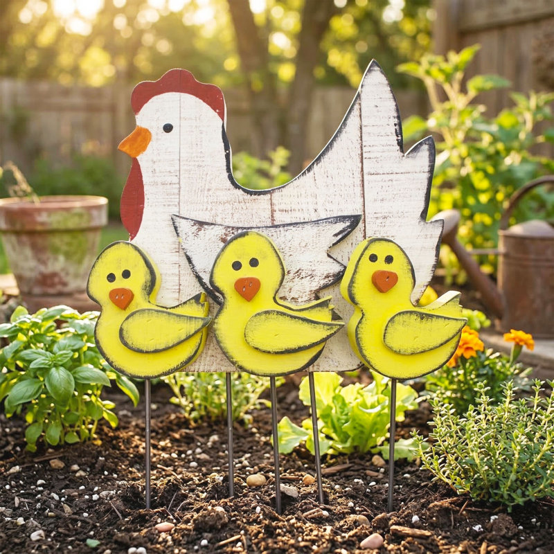 Mère poule et 3 poussins sur des tiges en métal