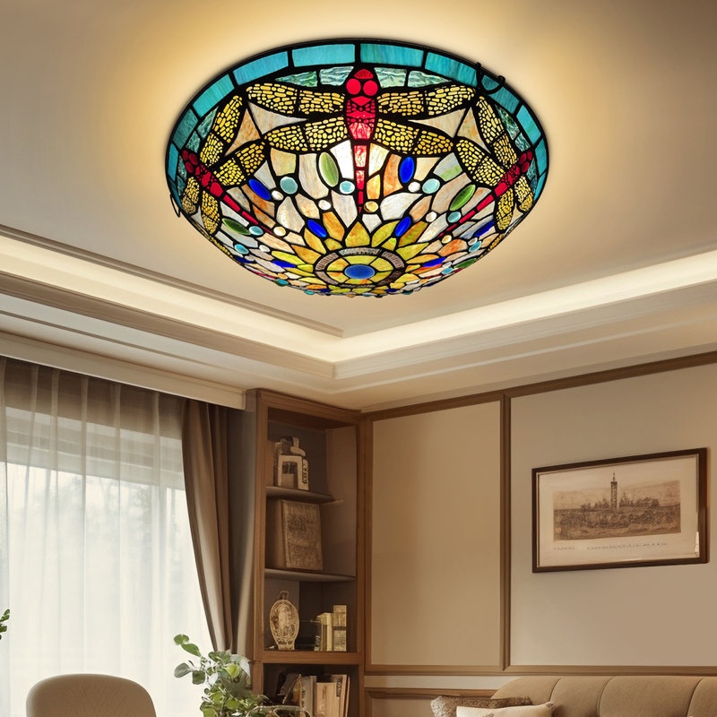 Bourbana 3-Light 16" Tiffany flush mount ceiling light, Yellow/Blue/Red/Green