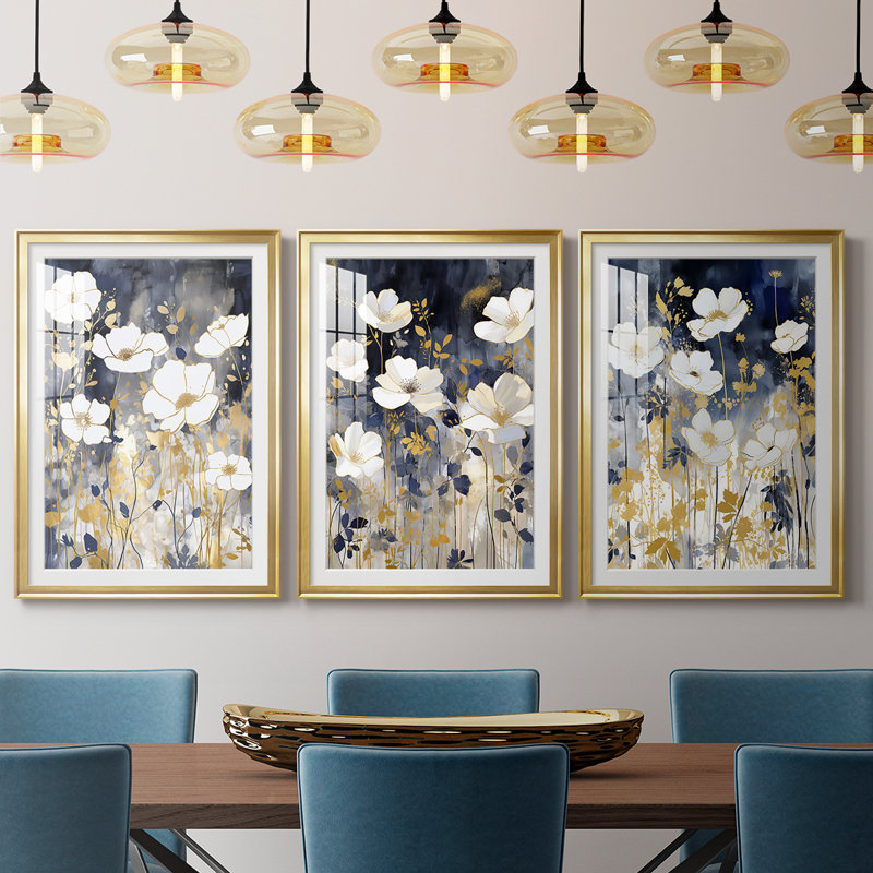 FLORAL Series CCDCLXXVI - Impression sur mesure de qualité supérieure avec mat - 3 pièces, H 19 po x l 27 po, Doré