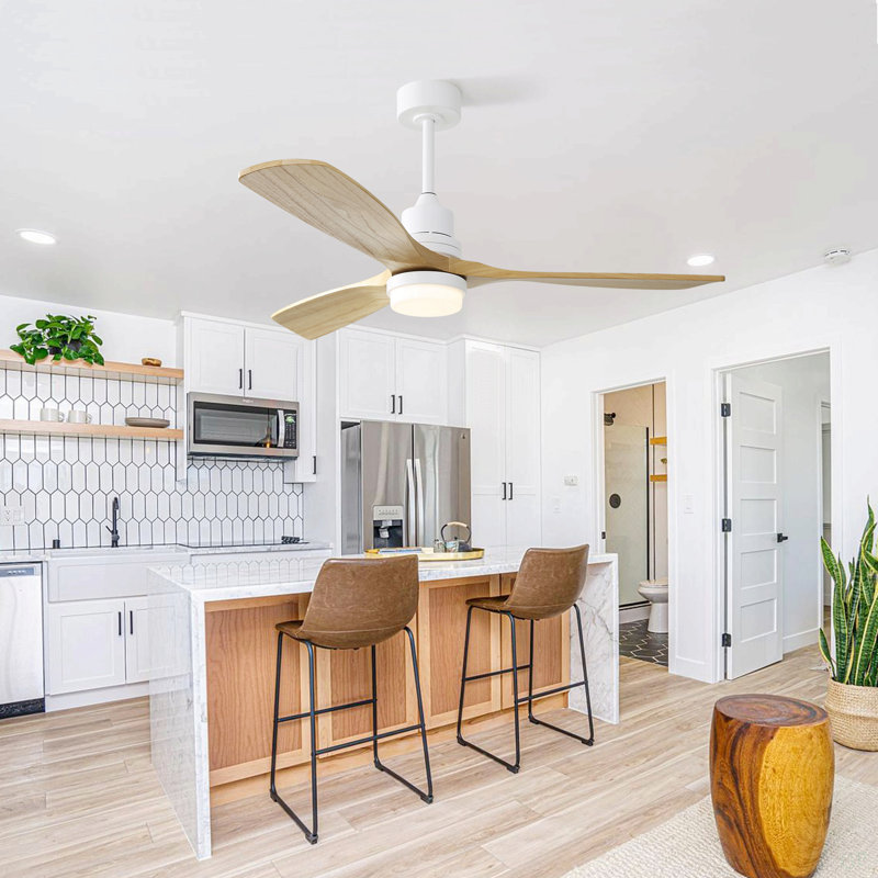 52 Inch Ceiling Fan With Dimmable Led Light 6 Speed Remote 3 Wood Blade Reversible DC Motor For Bedroom, Light Oak, White