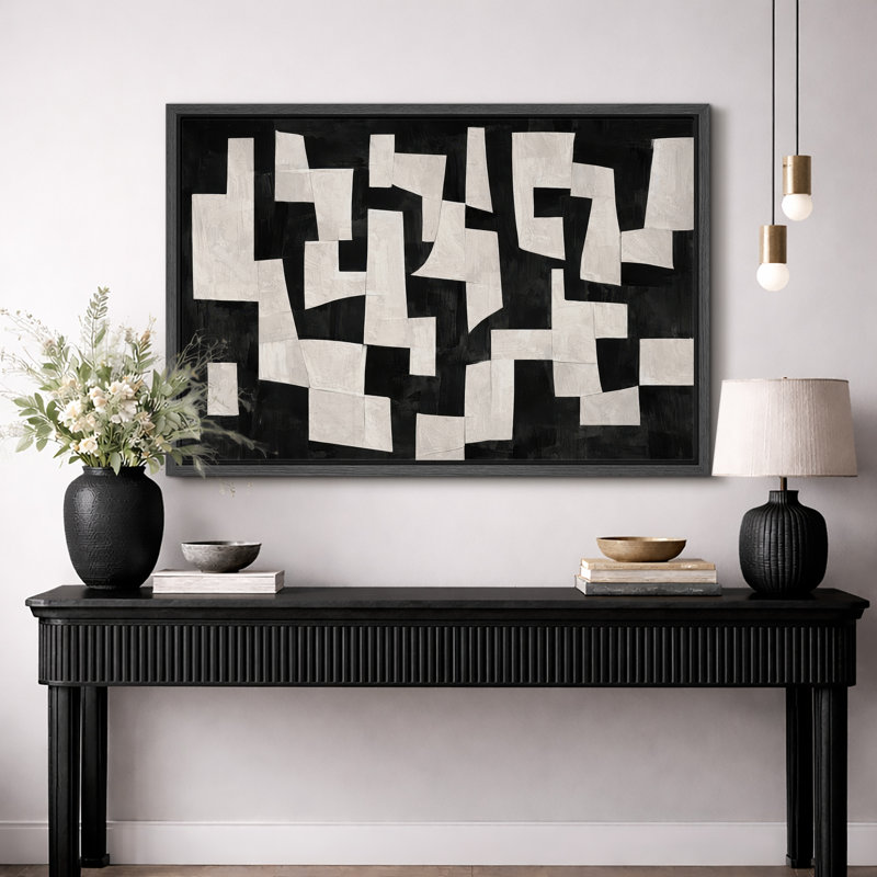 Abstrait noir et blanc, motif géométrique découpé, photos de salon moderne, impression sur toile encadrée, Cadre noir
