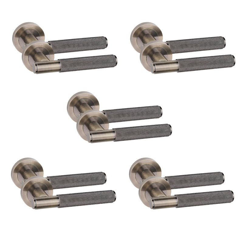 5 Pairs Straight T-Bar Knurled Door Handles in Antique Brass Finish
