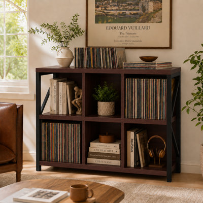 6 Cube Storage Organizer Bookshelf, Horizontal 40" W Industrial Bookcase, Low Profile Short Shelving Unit for Home Office, 13.6" D x 40" W x 30.9" H, Rustic Brown