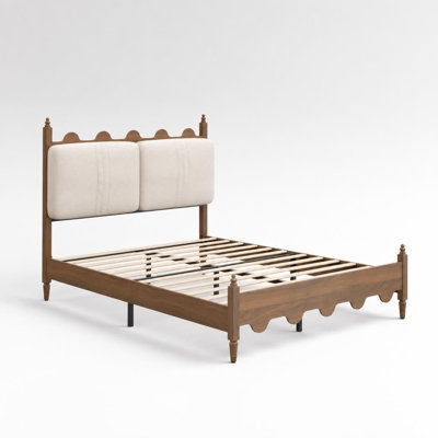 Cadre de lit plateforme Queen Size avec tête de lit rembourrée et capitonnée, silhouette festonnée vintage, pieds en bois massif, support robuste