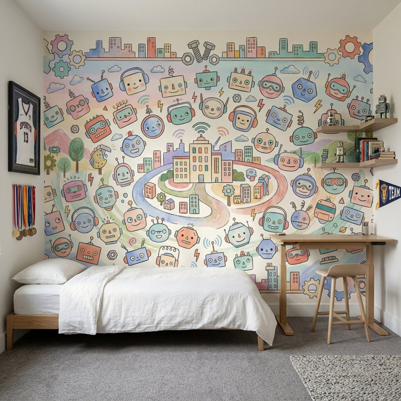 Décoration murale amovible Robots, 140 po x 108 po, Peler et coller